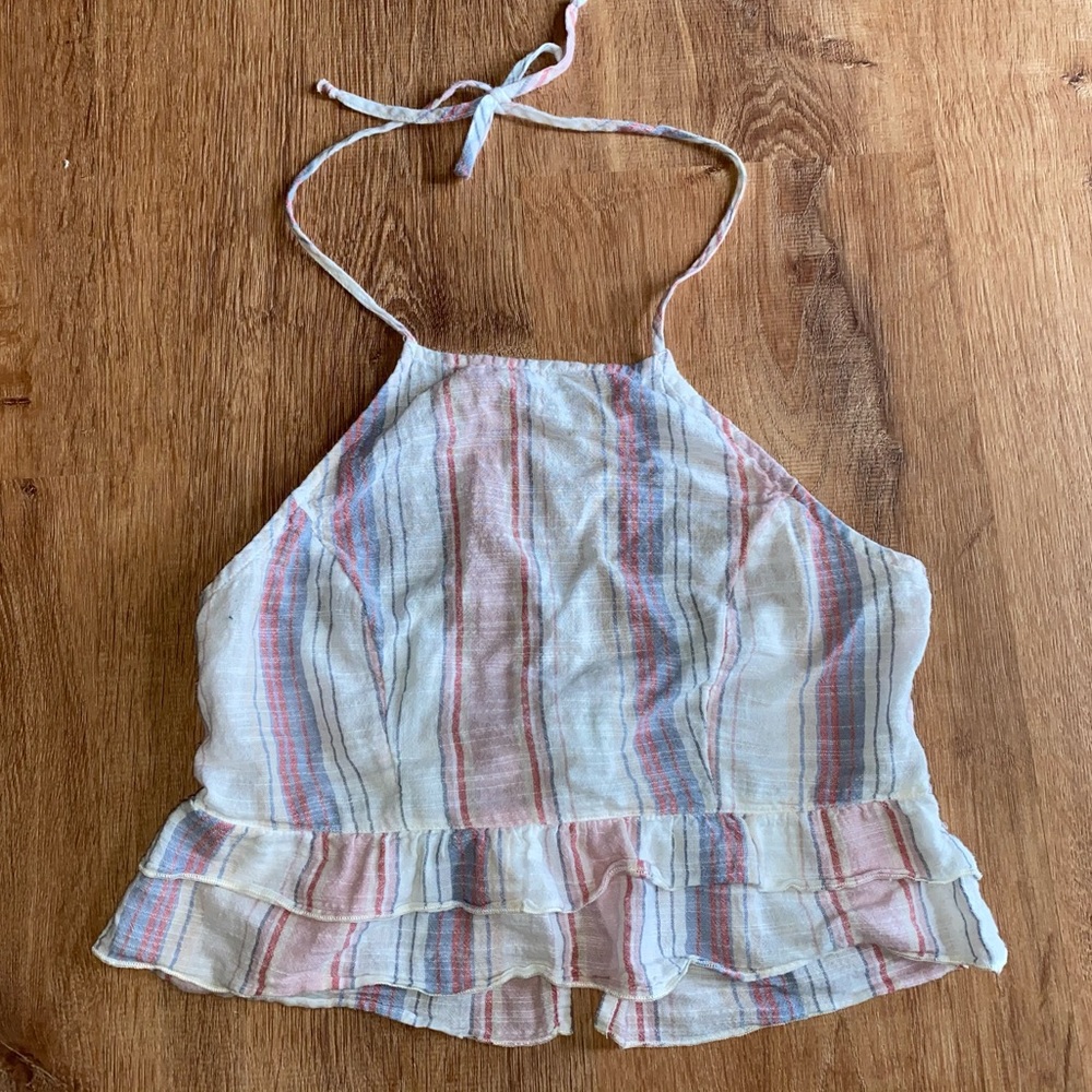 AE striped halter crop top ruffle sz s tie back